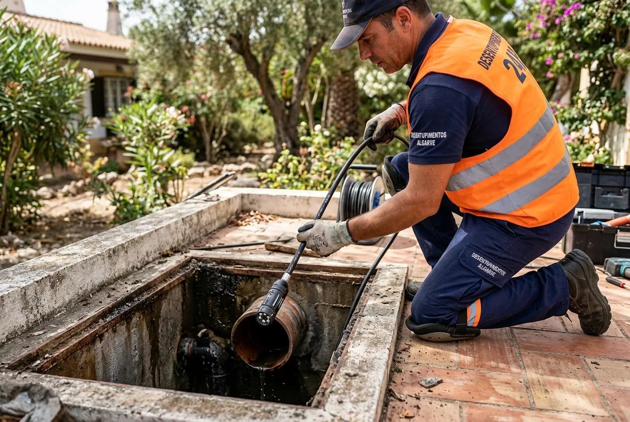 Professional drainage specialist using CCTV camera to inspect sewage pipes in the Algarve