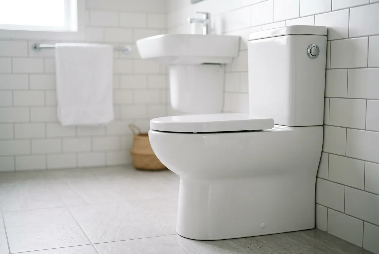 Close-up of modern ceramic toilet in bright bathroom with white tiles