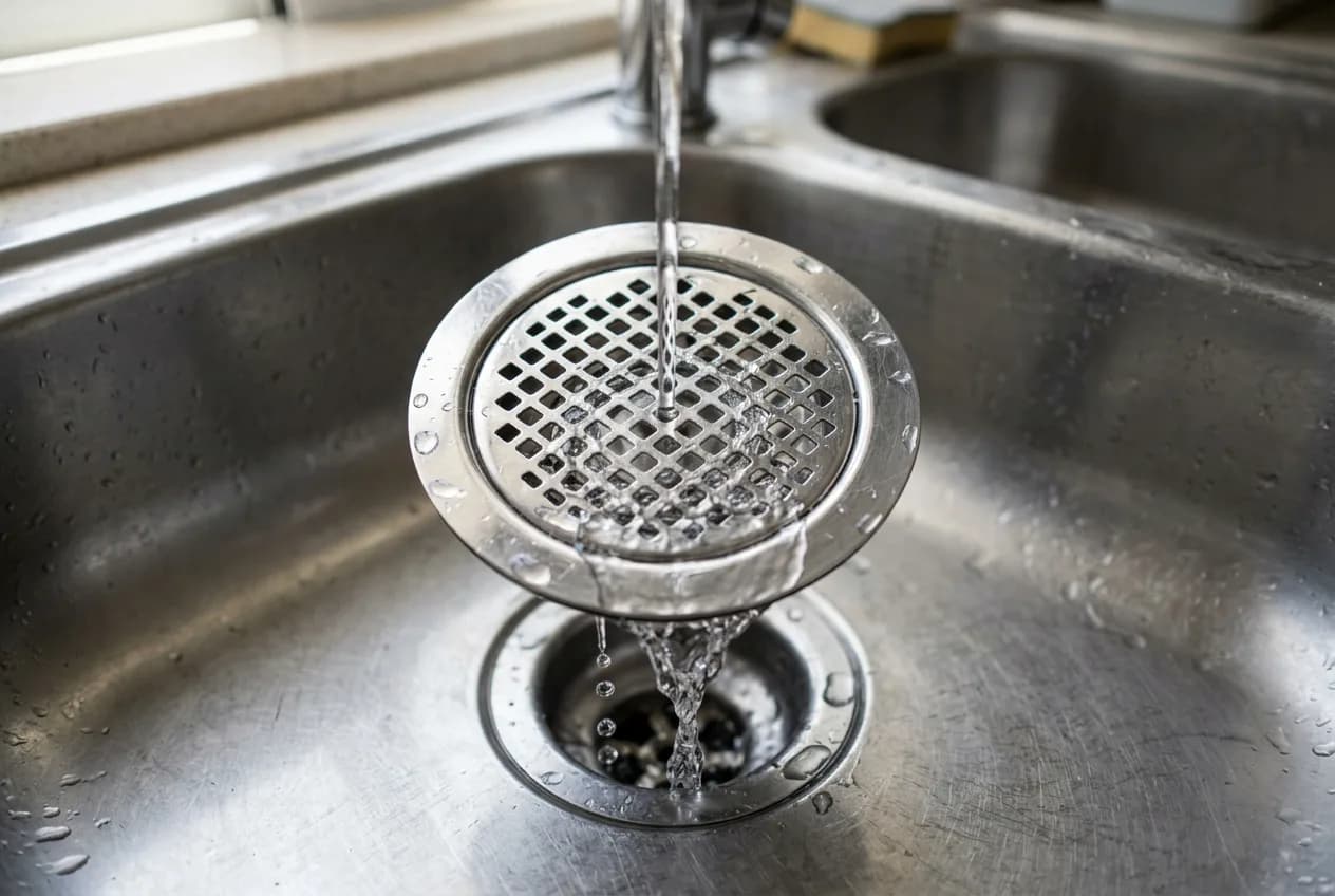Close-up of a kitchen sink drain grate showing water flow