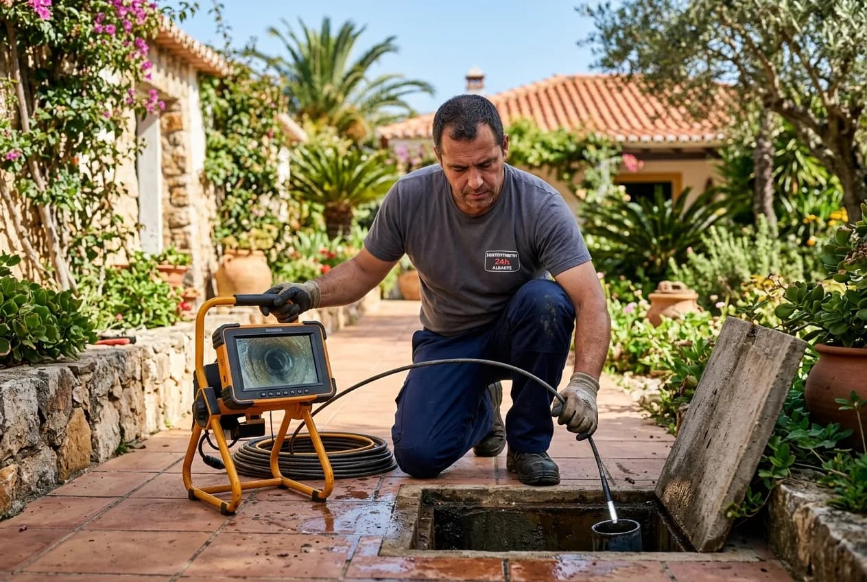 A qualified plumber wearing safety gloves inspecting underground pipes with a professional camera system in a sunlit Algarve garden.