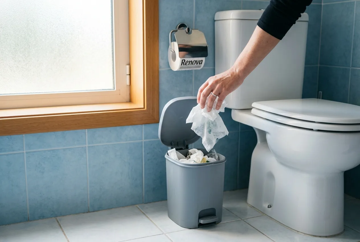Hand placing tissue and waste items in a trash bin positioned beside a white toilet
