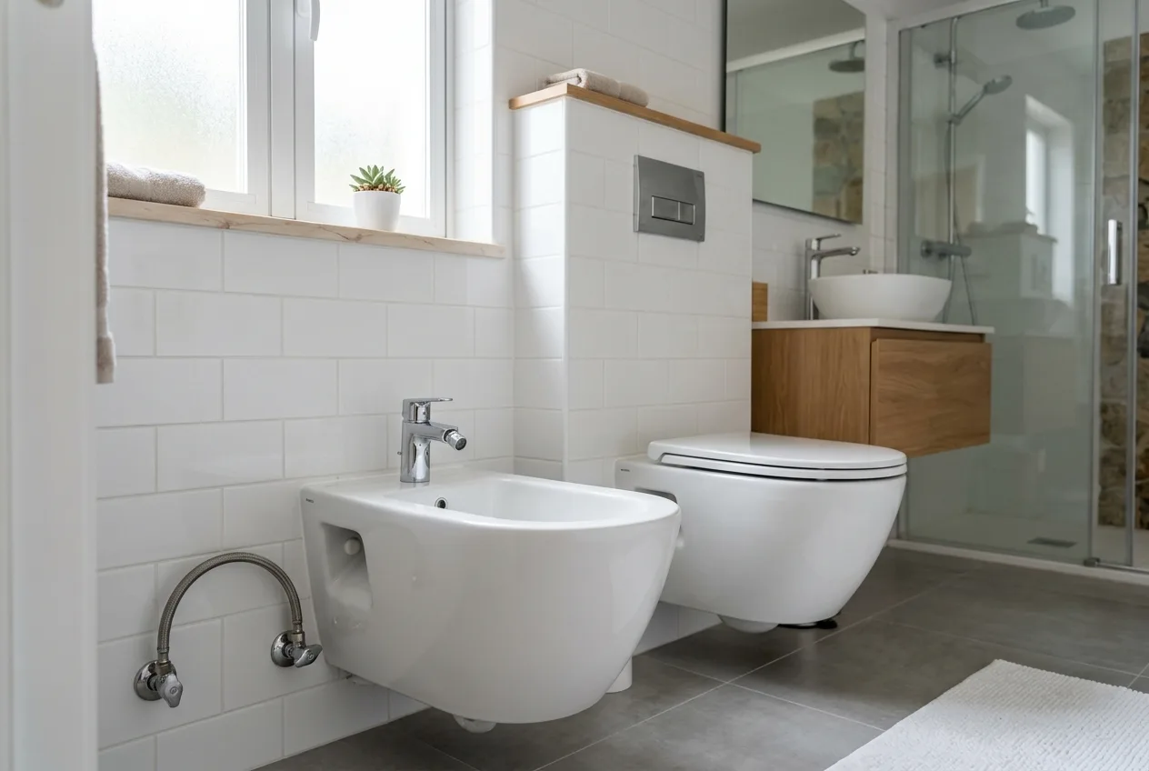 Modern bidet fixture installation in a bright Portuguese bathroom with white tiles and chrome fittings