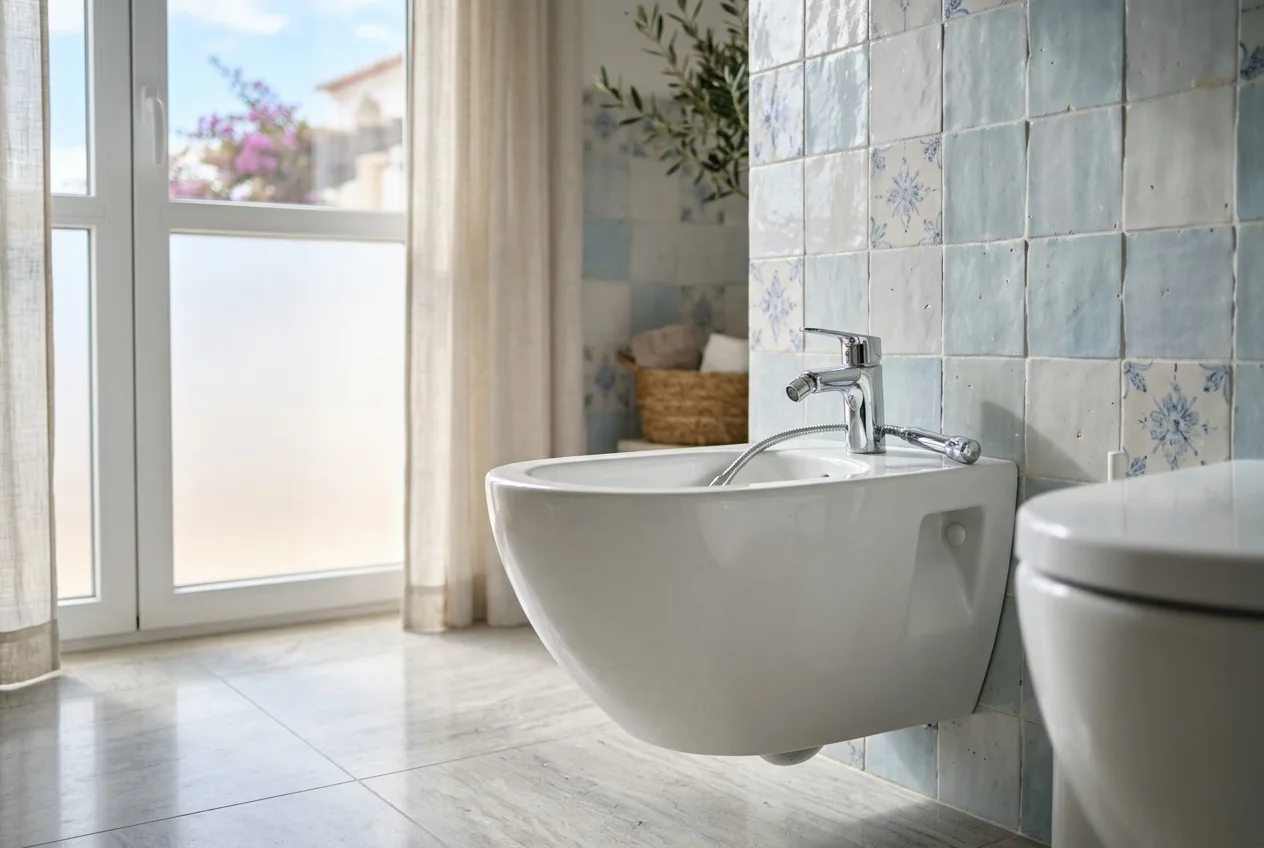 Close-up of a modern white ceramic bidé with chrome fittings in a bright Algarve bathroom