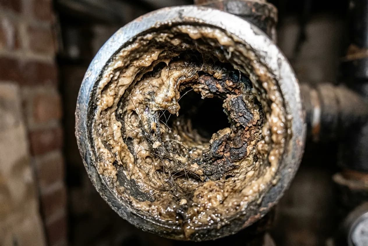 Cross-section of a pipe showing grease buildup and debris accumulation inside drainage pipes
