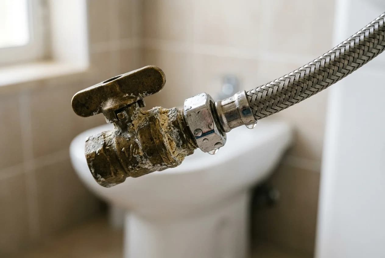 Close-up of bidet isolation valve and supply line connection with mineral deposits visible on brass fittings
