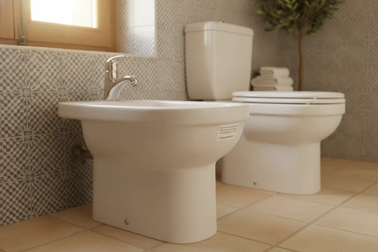 A traditional standalone bidet fixture beside a white toilet in a bright, modern bathroom with contemporary tiling