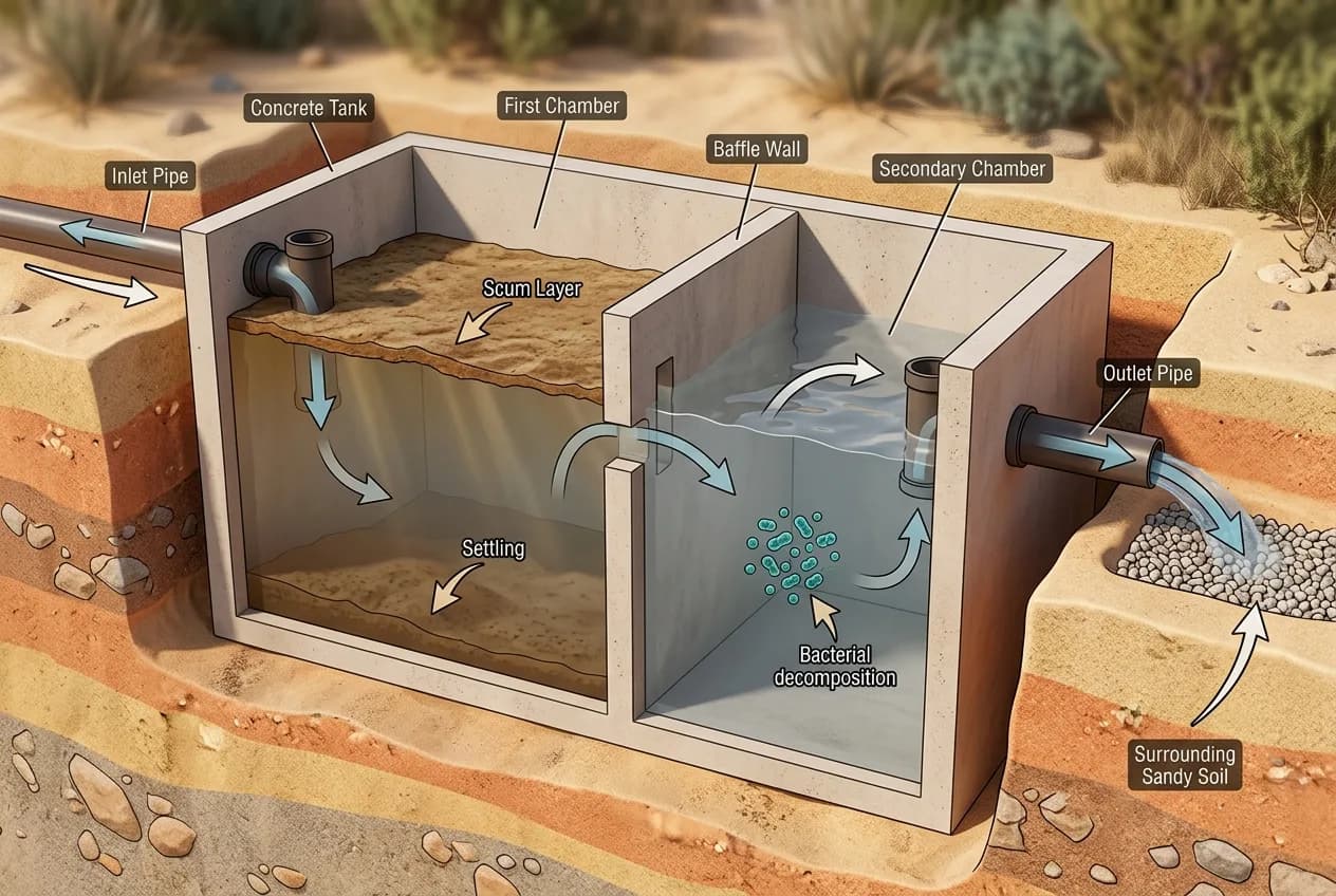 Cross-section diagram of a two-chamber concrete septic tank showing inlet, outlet, and internal baffle