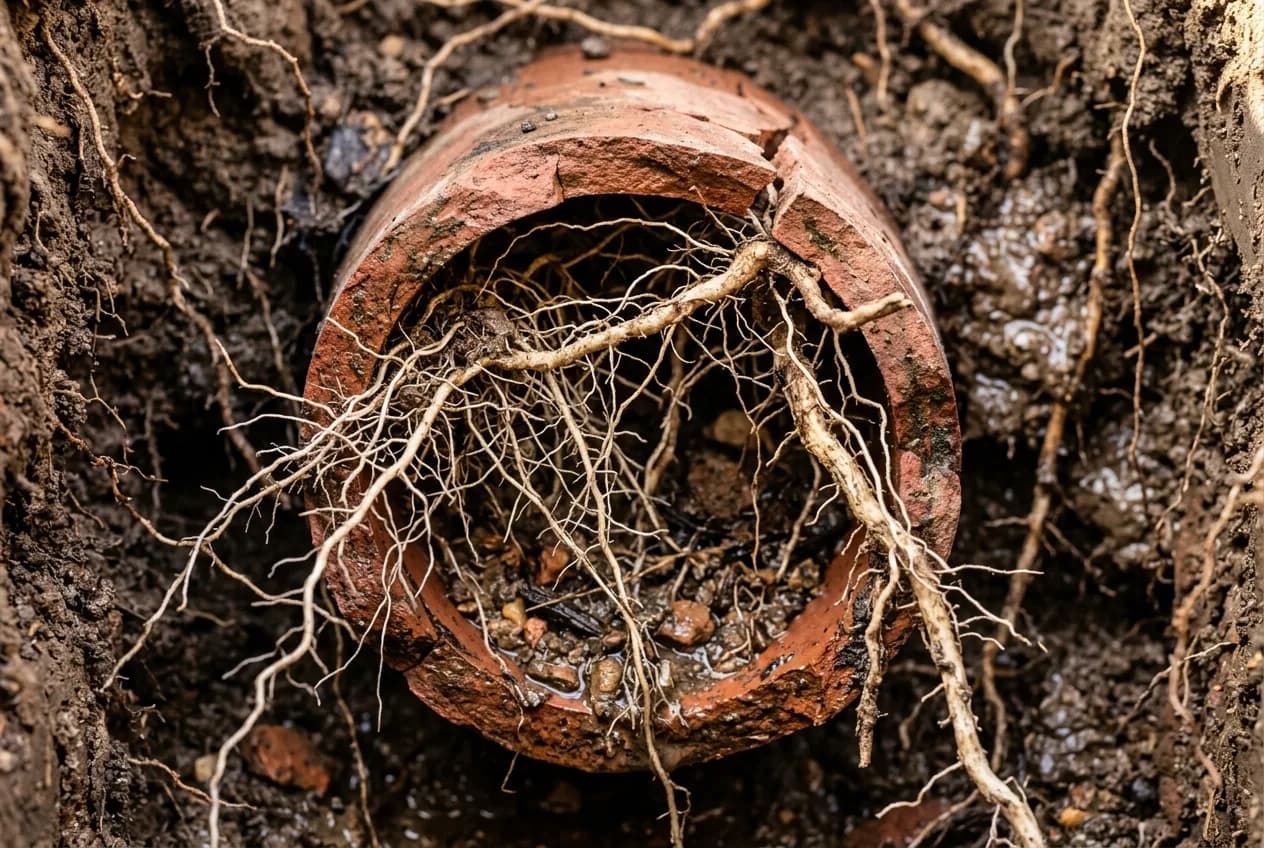Underground pipe cross-section showing tree roots penetrating through cracks in terra cotta drainage pipe