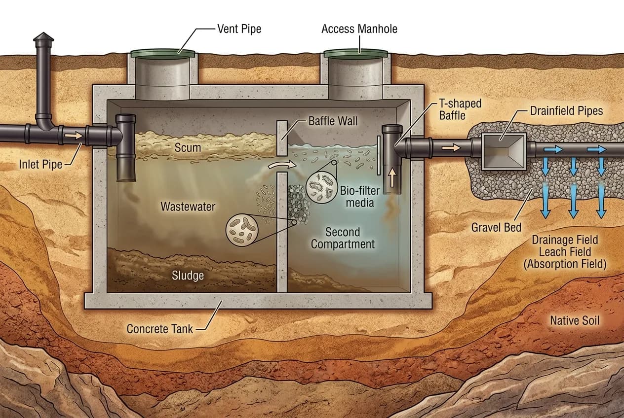 Cross-section diagram of a septic tank showing inlet, solids settling, bacterial decomposition, and outlet flow