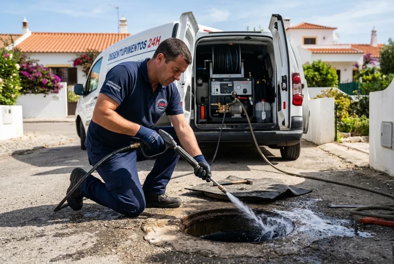 Professional plumber using high-pressure jetting equipment to clear sewage pipes