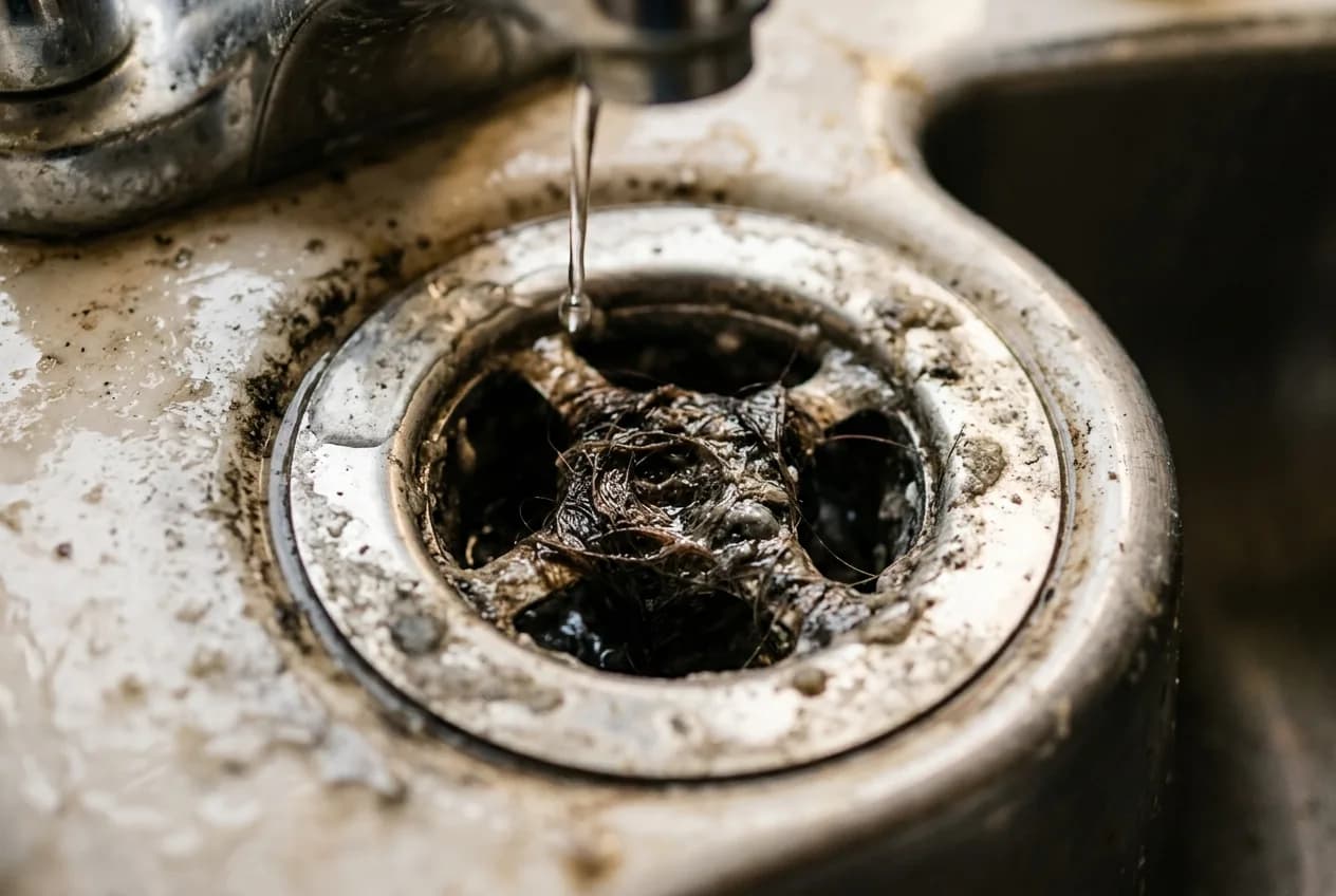 Close-up of a drain outlet showing slow water flow and debris accumulation