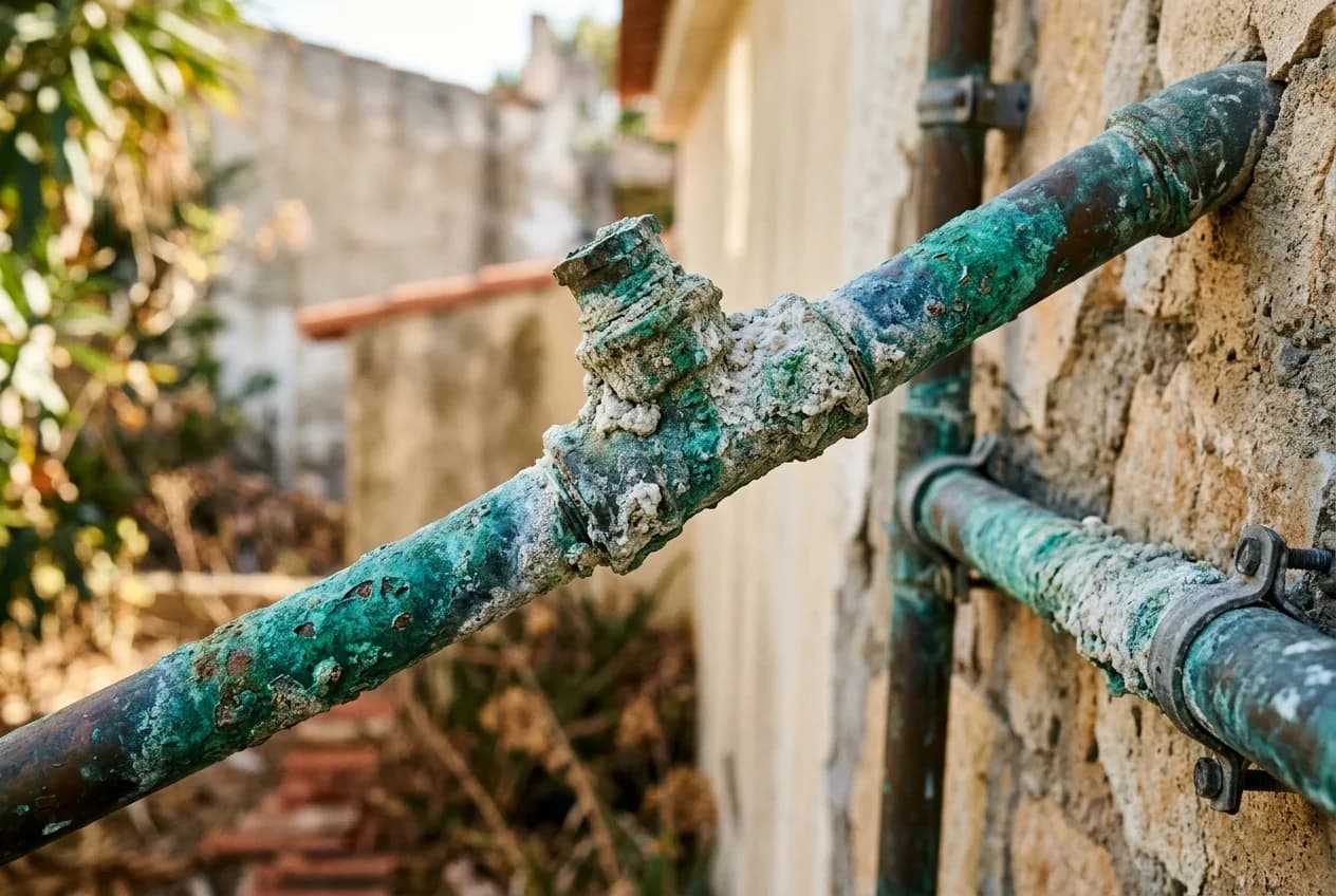 Close-up of corroded copper pipe showing green patina and deterioration
