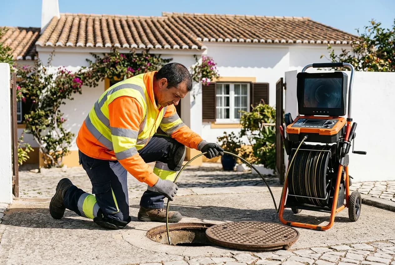 Professional drainage specialist using camera inspection equipment on a residential property